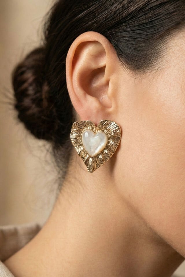 Gold Ve Çizgili Kalp Küpe