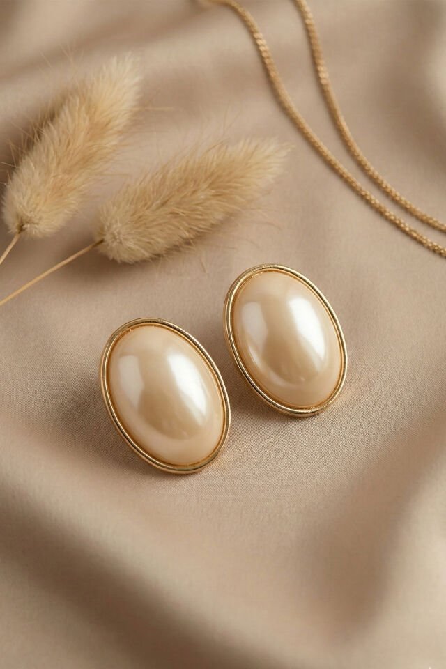 Gold Elips Taşlı Küpe