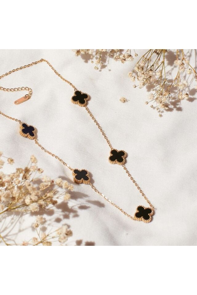 Siyah Taş Altın Kaplama Çelik Kolye