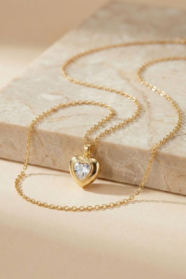 Gold Kalp Şekilli Zirkon Taşlı Kalpli Kolye
