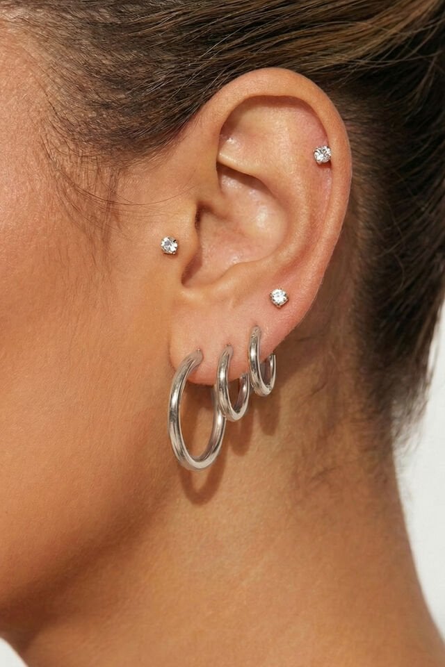 Silver 3 Çift Halka Ve 6 Adet Zrikon Taşlı Küpe Seti