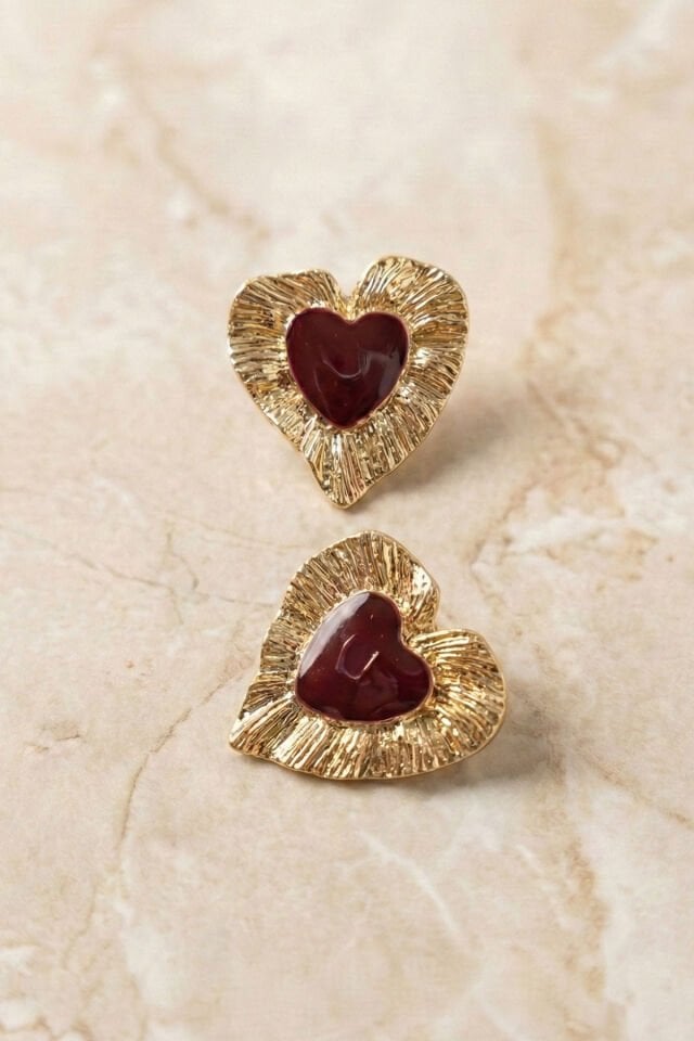 Gold Bordo Mineli Ve Çizgili Kalp Küpe