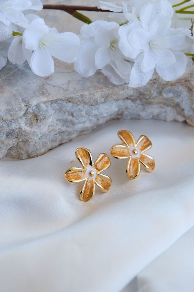 Kahve ve Beyaz Mineli Papatya Küpe