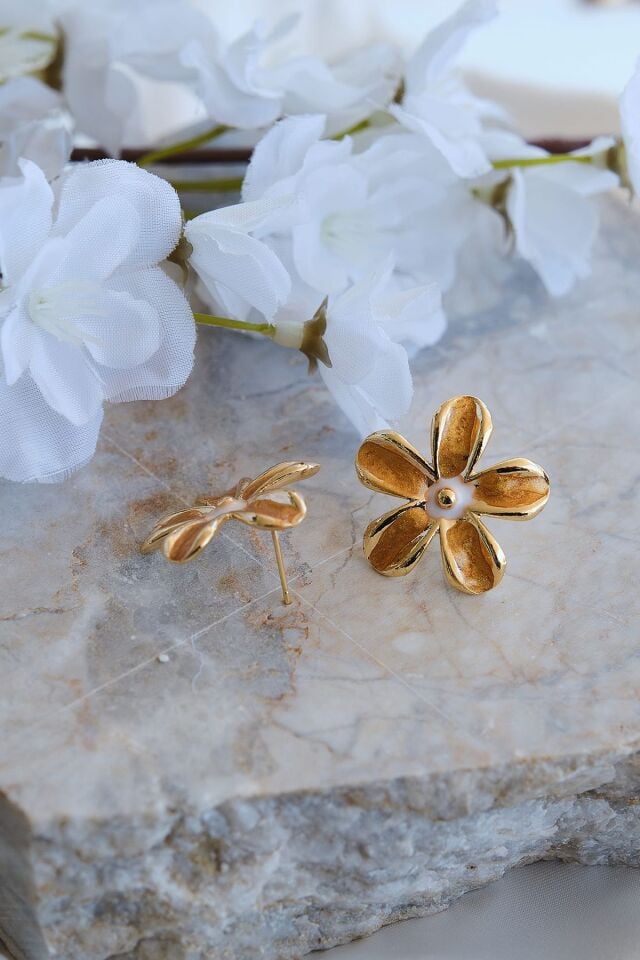 Kahve ve Beyaz Mineli Papatya Küpe