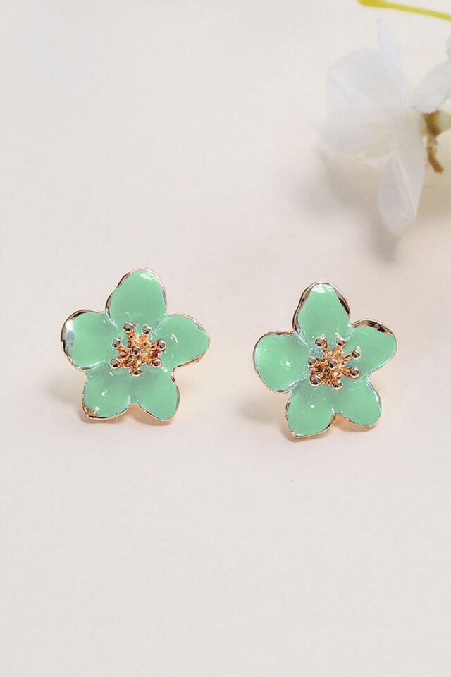 Altın Kaplama Su Yeşili Sakura Çiçeği Küpe