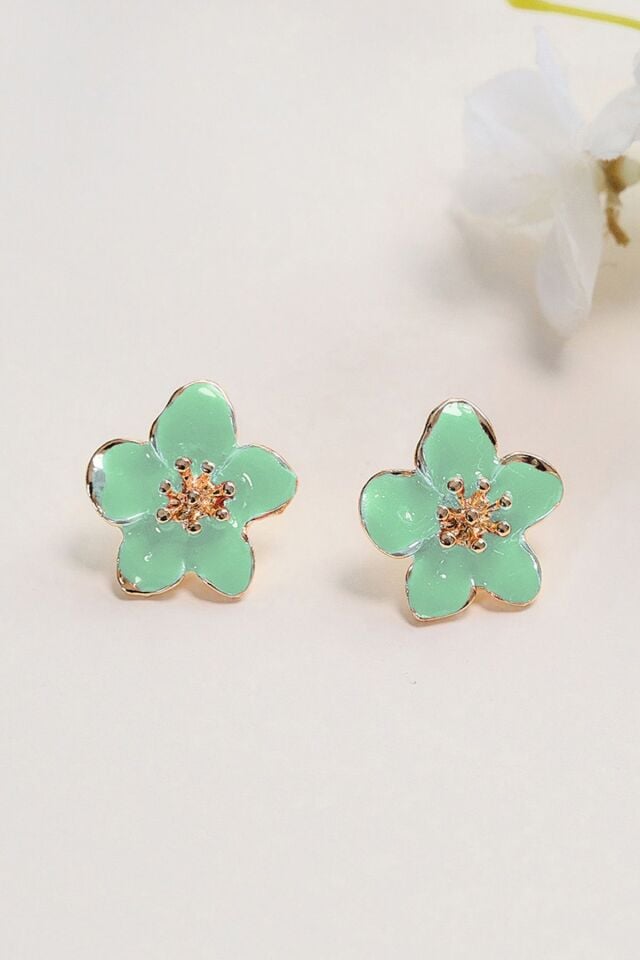 Altın Kaplama Su Yeşili Sakura Çiçeği Küpe