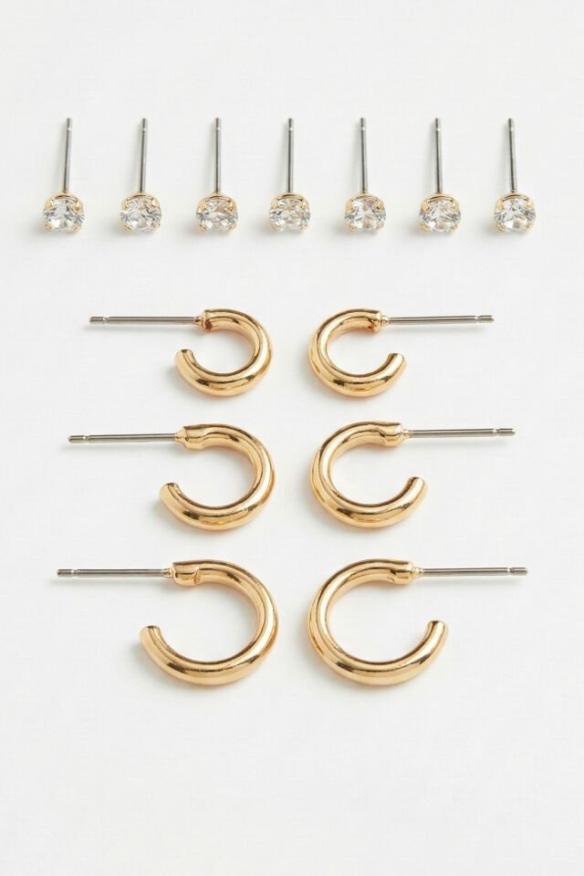 Gold Mini 3 Çift Halka Ve 6 Adet Zrikon Taşlı Küpe Seti