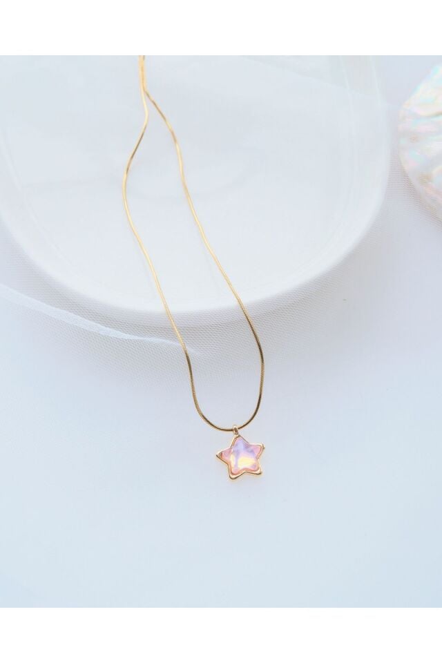 Altın Kaplama Pembe Yıldız Detaylı Çelik kolye