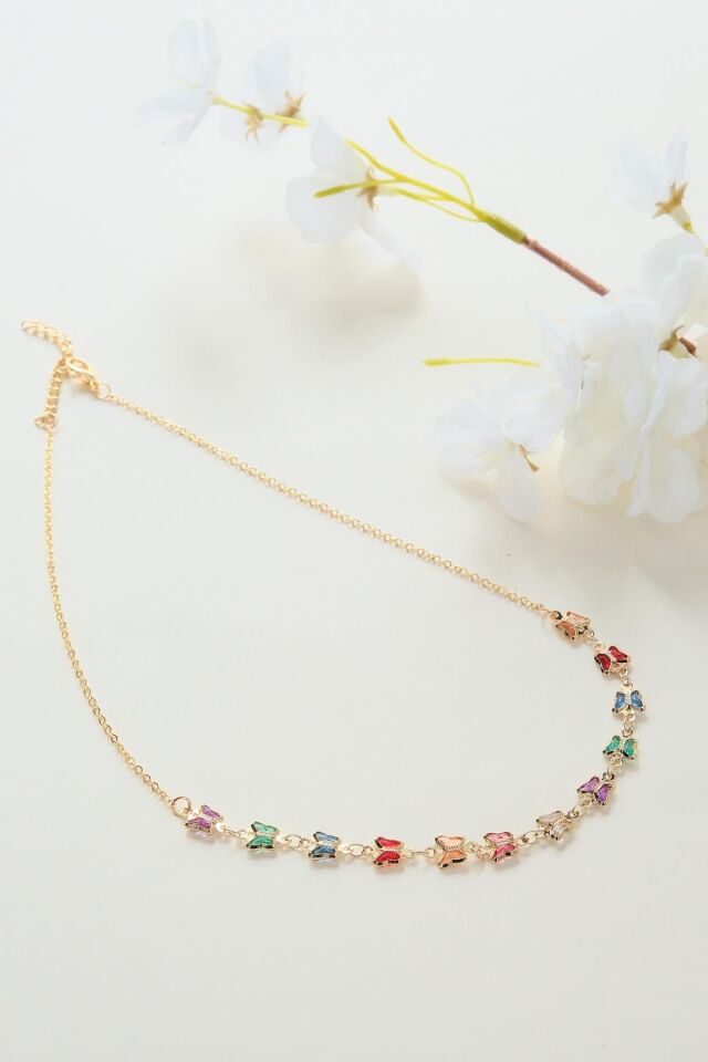 Gold Renkli Taşlı Kelebek Kolye