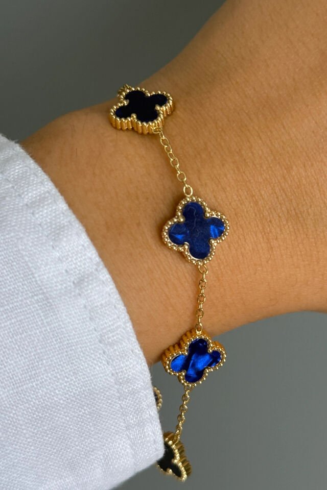 Gold Lacivert Doğal Taşlı Premium Çelik Bileklik