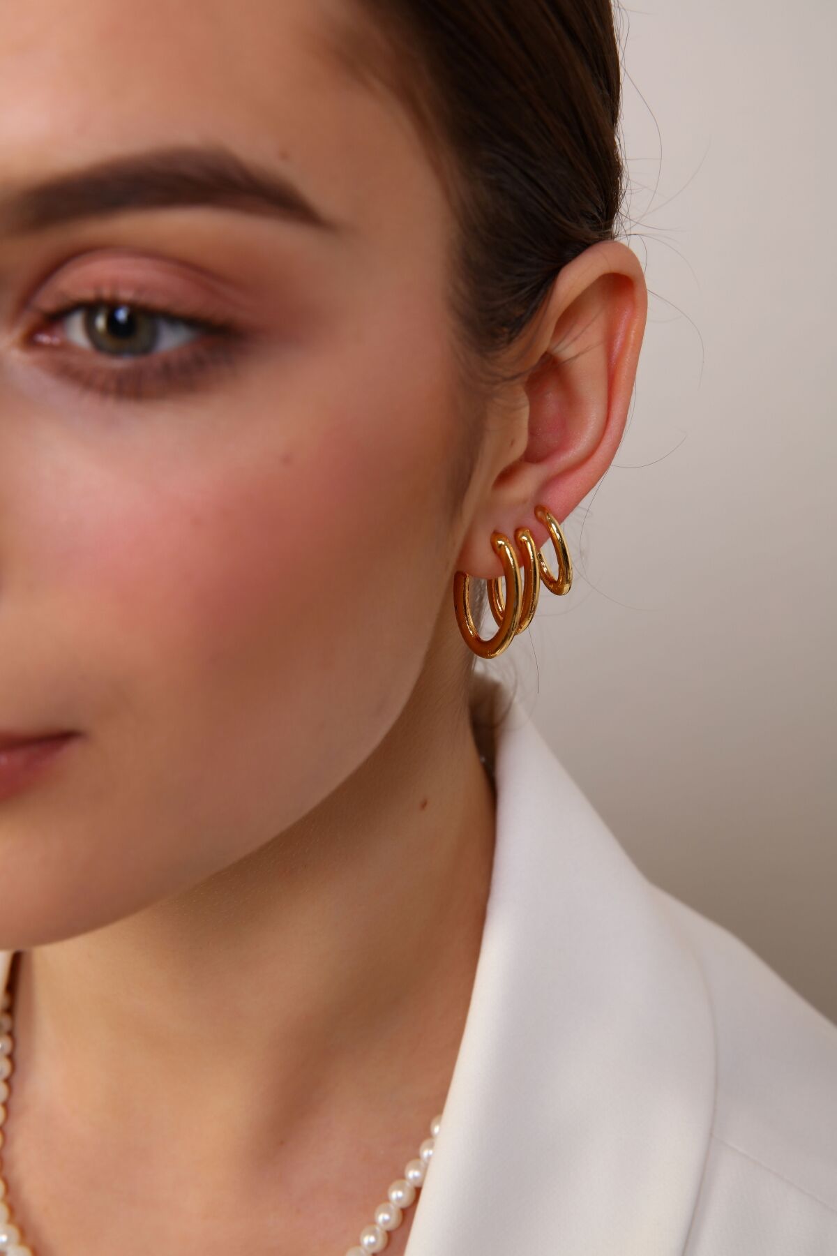 Kadın Gold Renk Oval 3'lü Küpe