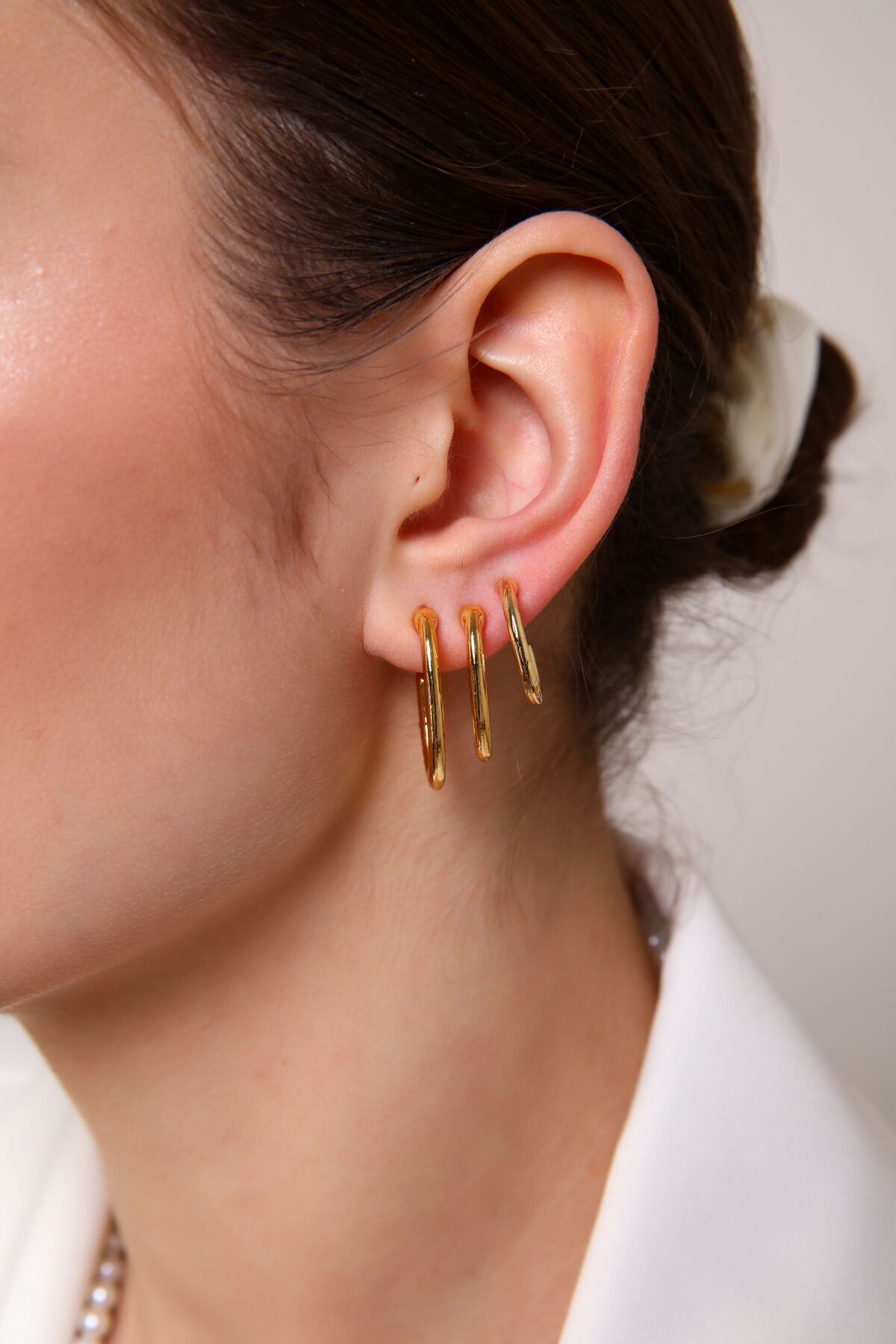 Kadın Gold Renk Oval 3'lü Küpe