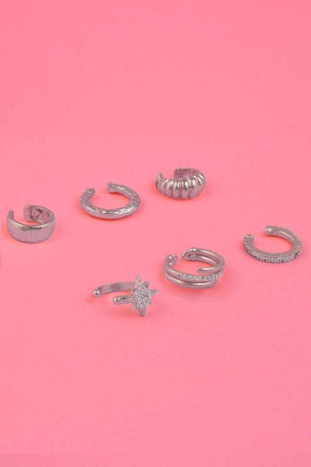 Kadın Gümüş Kaplama 6'lı Earcuff Küpe Seti