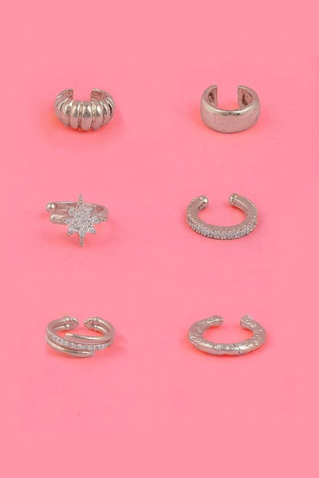 Kadın Gümüş Kaplama 6'lı Earcuff Küpe Seti