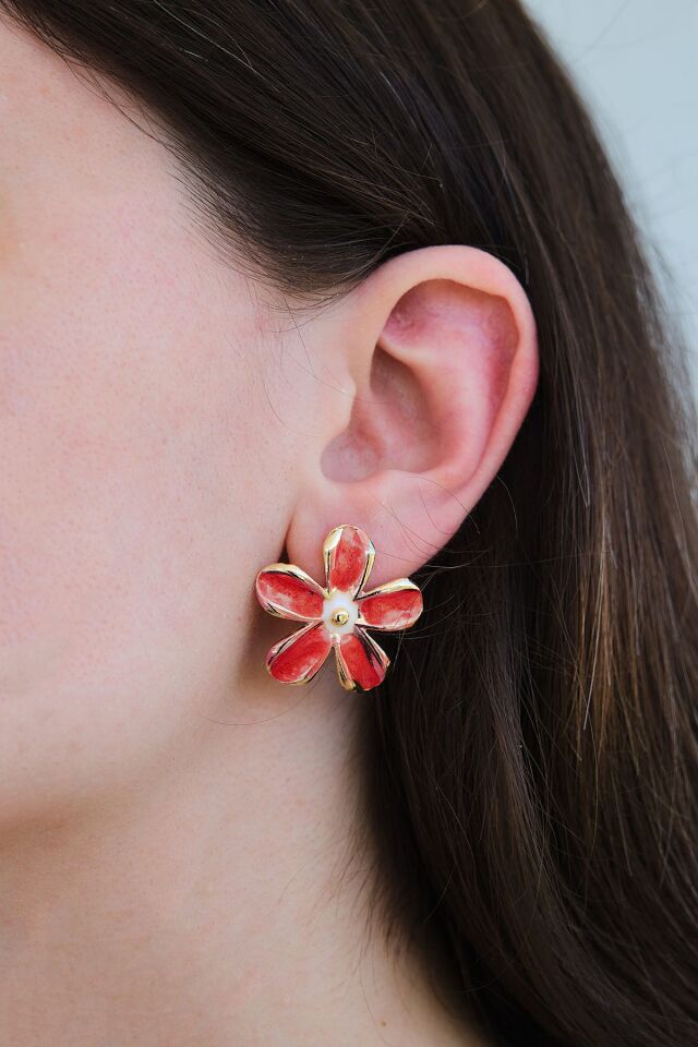 Kırmızı ve Beyaz Mineli Papatya Küpe