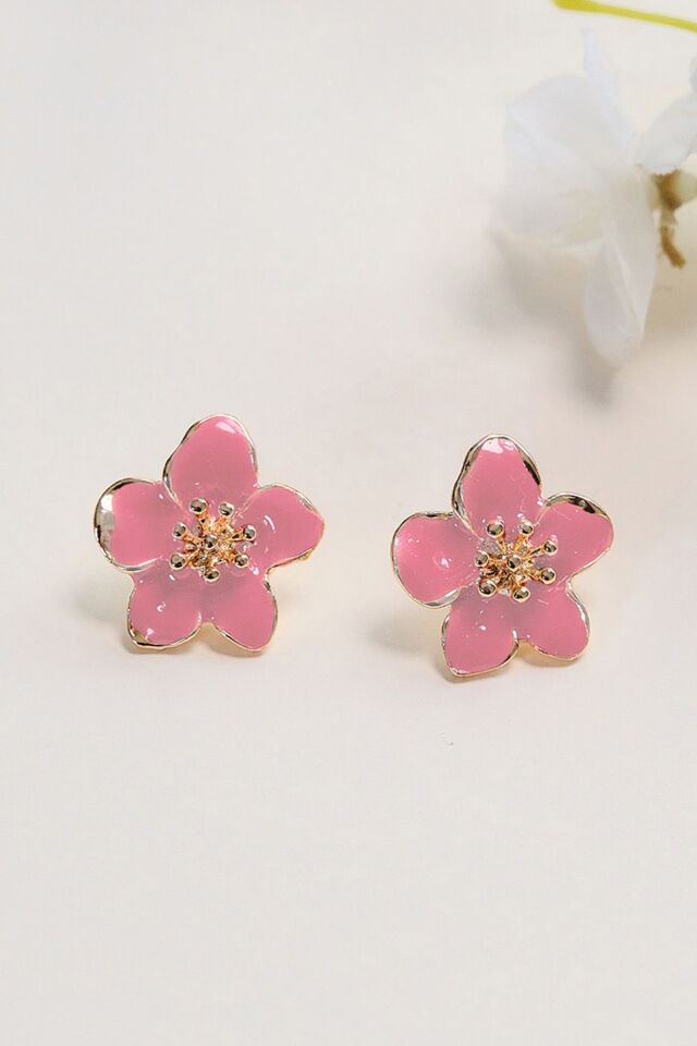 Altın Kaplama Pembe Sakura Çiçeği Küpe