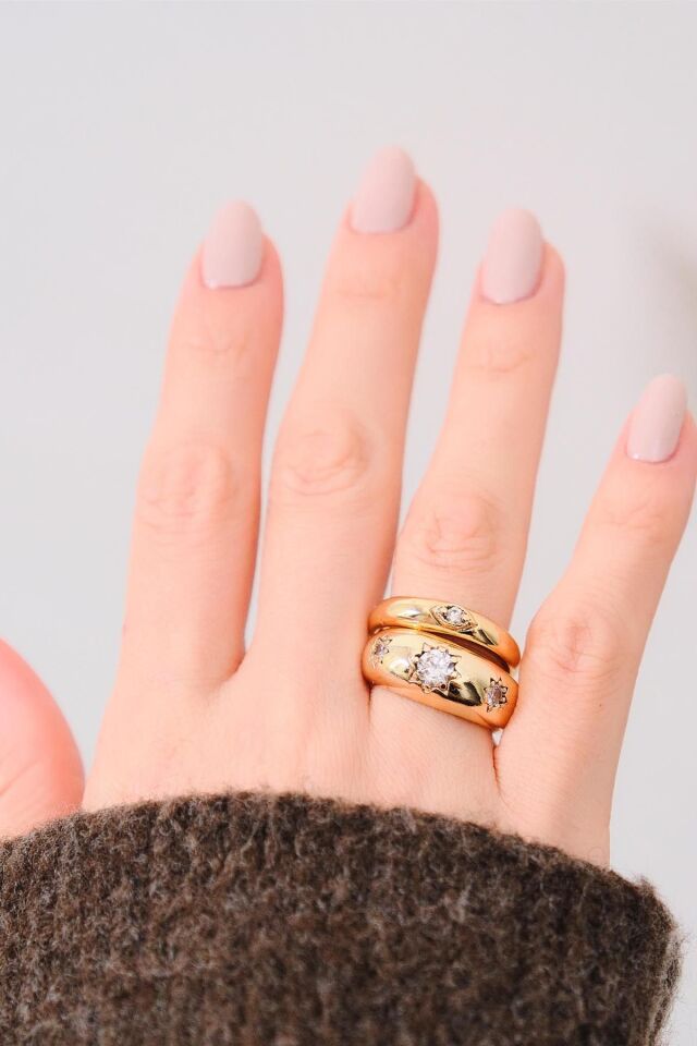 Gold 2'li Zirkon Taşı Bombeli Yüzük Seti