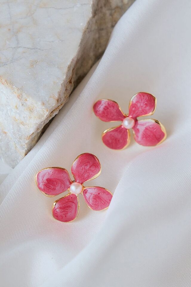 Altın Kaplama İncili Mürdüm Mineli Çiçek Küpe