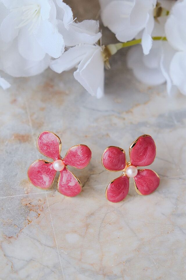 Altın Kaplama İncili Mürdüm Mineli Çiçek Küpe