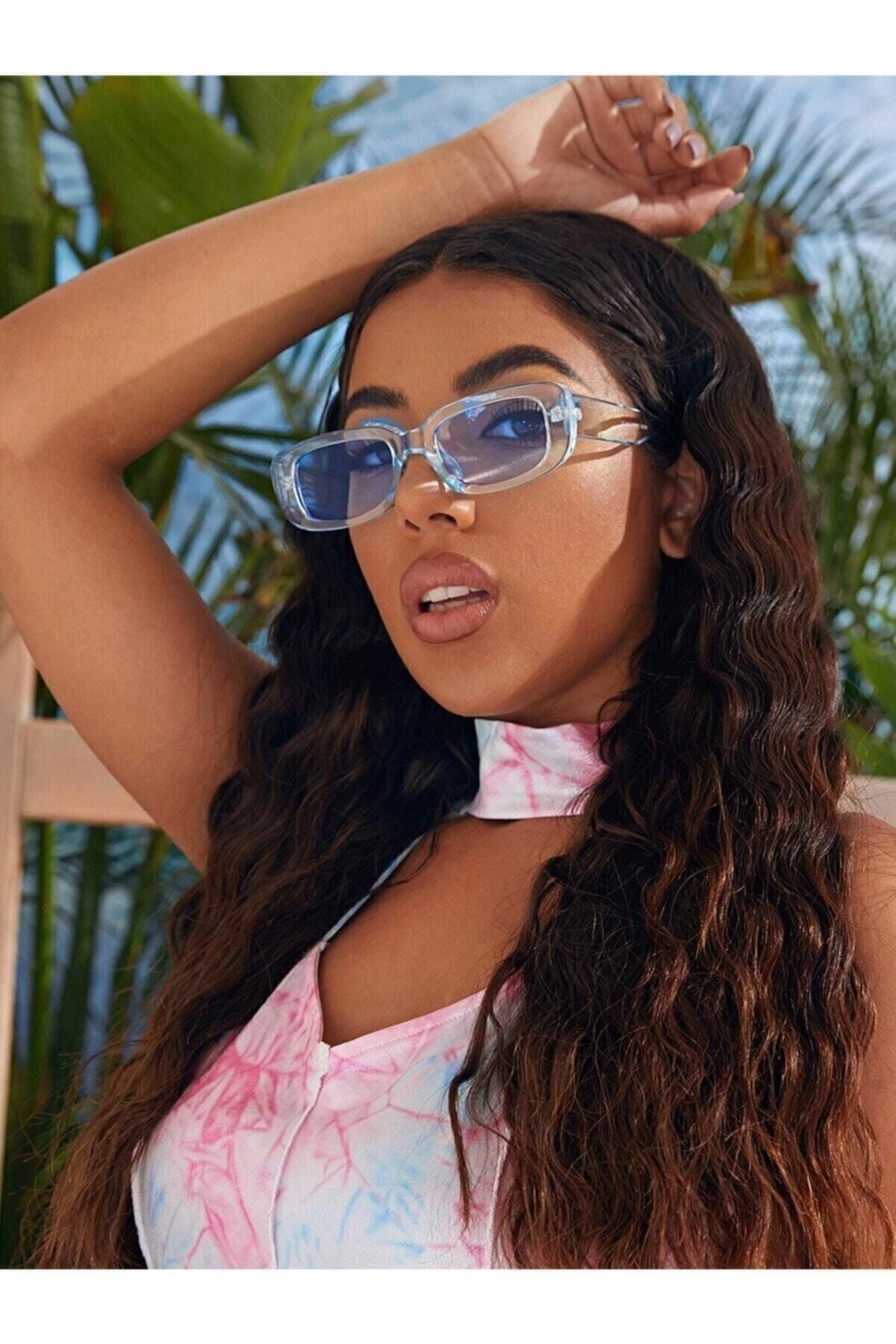 Chunky Frame Vintage Kahverengi Güneş Gözlüğü mavi - Tek Ebat