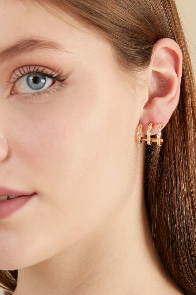 Altın Kaplama 3 Sıra Zirkon Taşlı Küpe