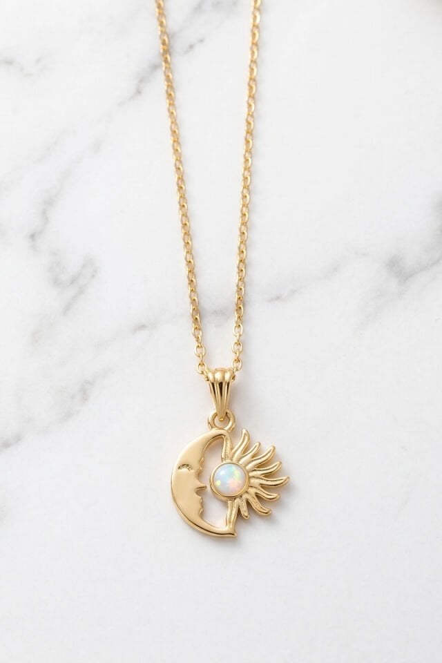 Gold Kedi Gözü Taşlı Ay ve Güneş Kolye