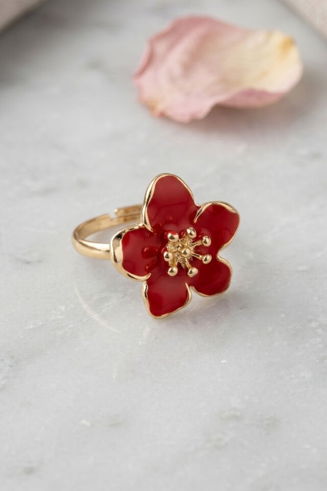 Gold Ayarlanabilir Kırmızı Sakura Çiçeği Yüzük