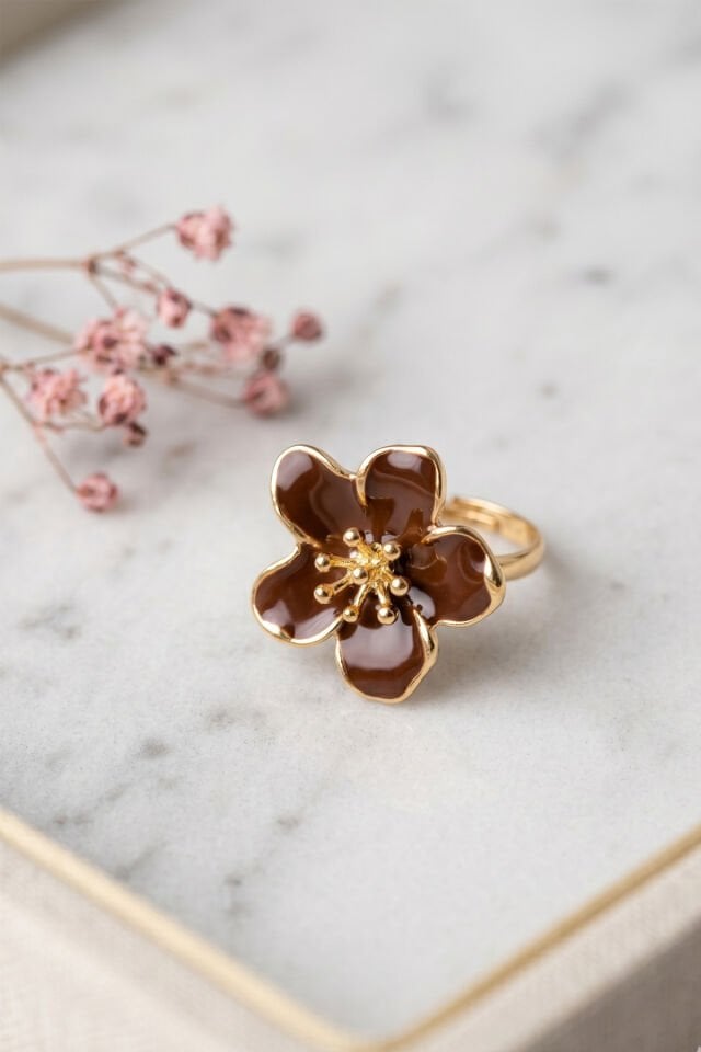 Gold Ayarlanabilir Kahverengi Sakura Çiçeği Yüzük