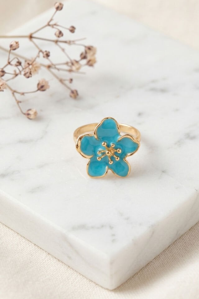 Gold Ayarlanabilir Turkuaz Sakura Çiçeği Yüzük