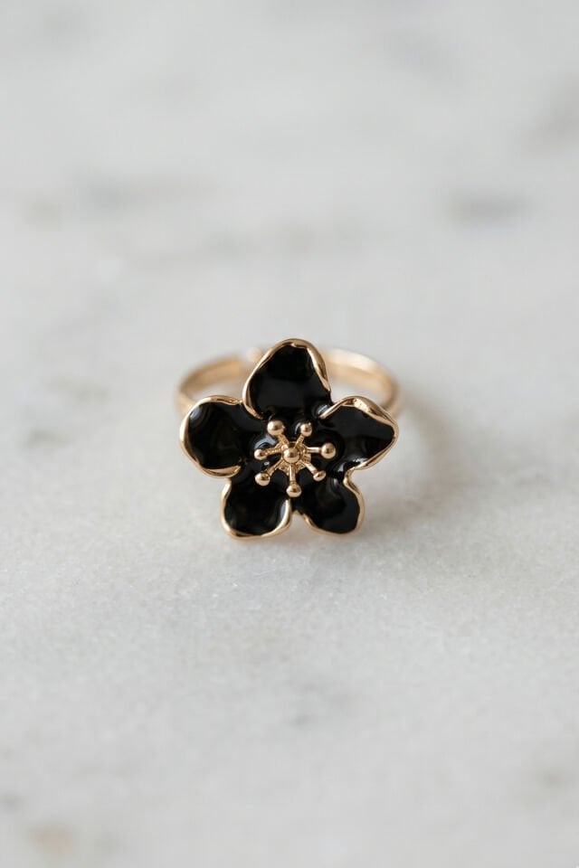 Gold Ayarlanabilir Siyah Sakura Çiçeği Yüzük