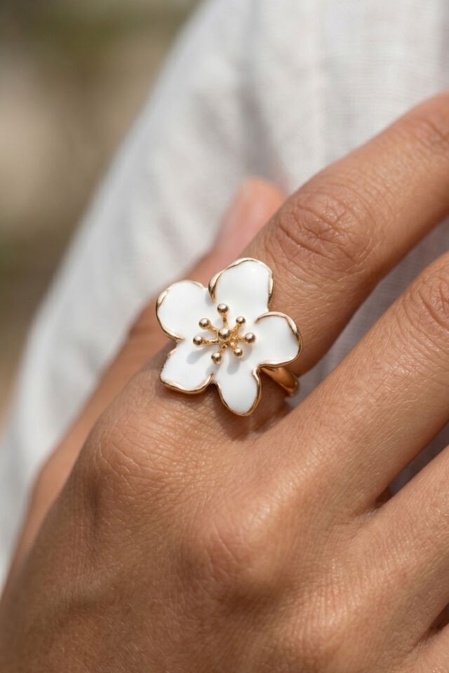 Gold Ayarlanabilir Beyaz Sakura Çiçeği Yüzük