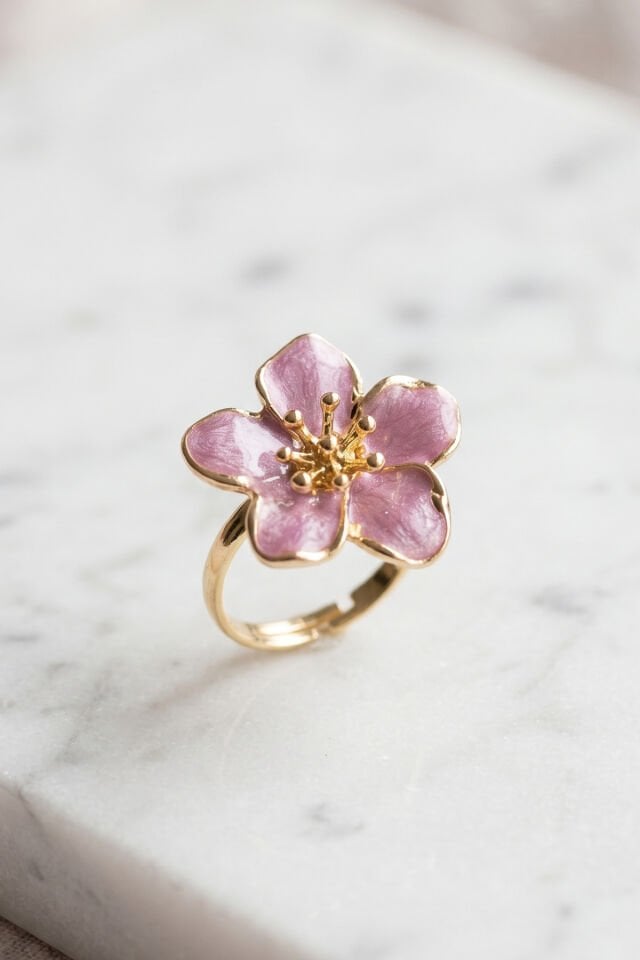 Gold Ayarlanabilir Mor Sakura Çiçeği Yüzük