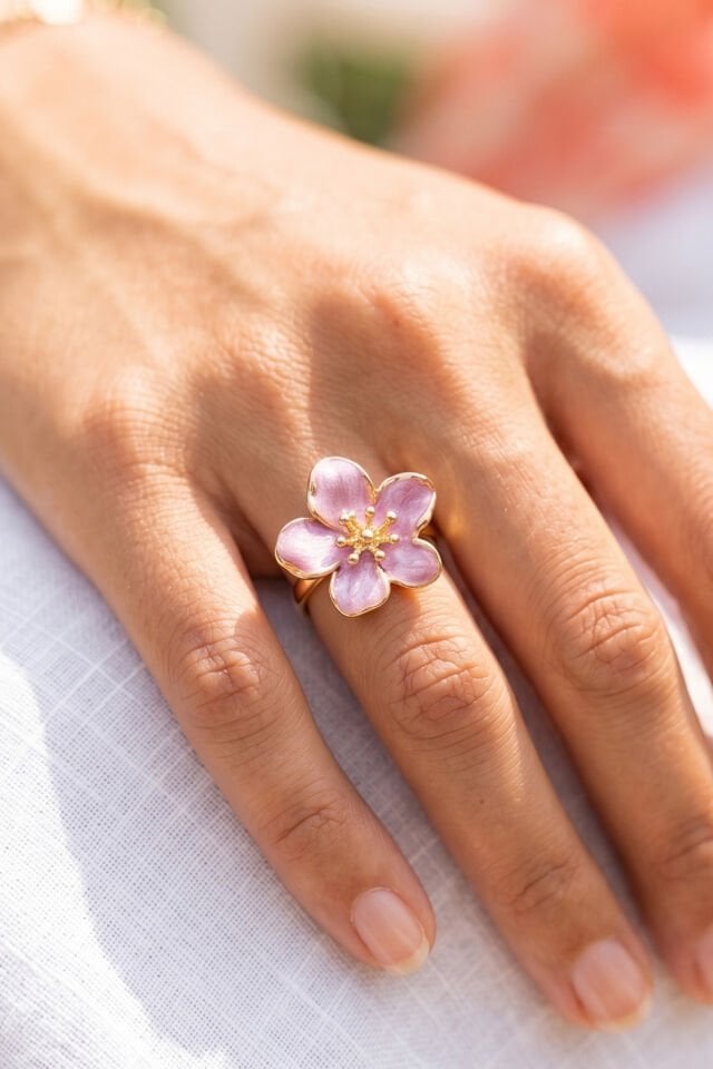 Gold Ayarlanabilir Mor Sakura Çiçeği Yüzük