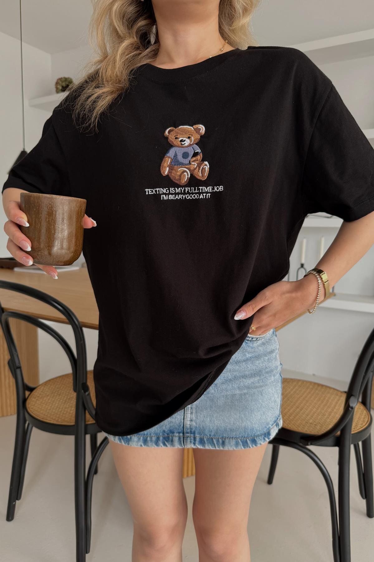 Tedy Nakışlı Soft Touch Siyah Oversize Tshirt