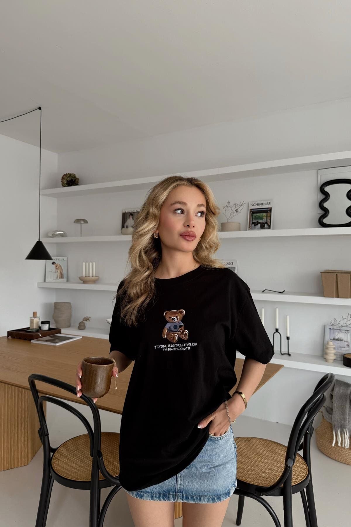 Tedy Nakışlı Soft Touch Siyah Oversize Tshirt
