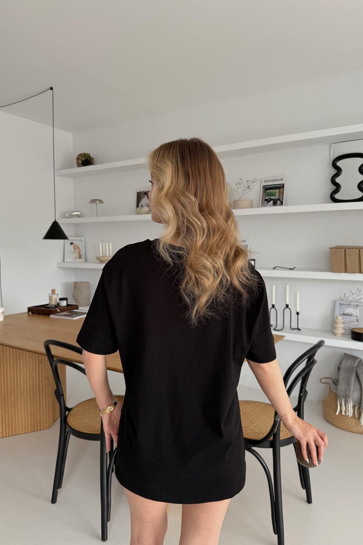 Tedy Nakışlı Soft Touch Siyah Oversize Tshirt