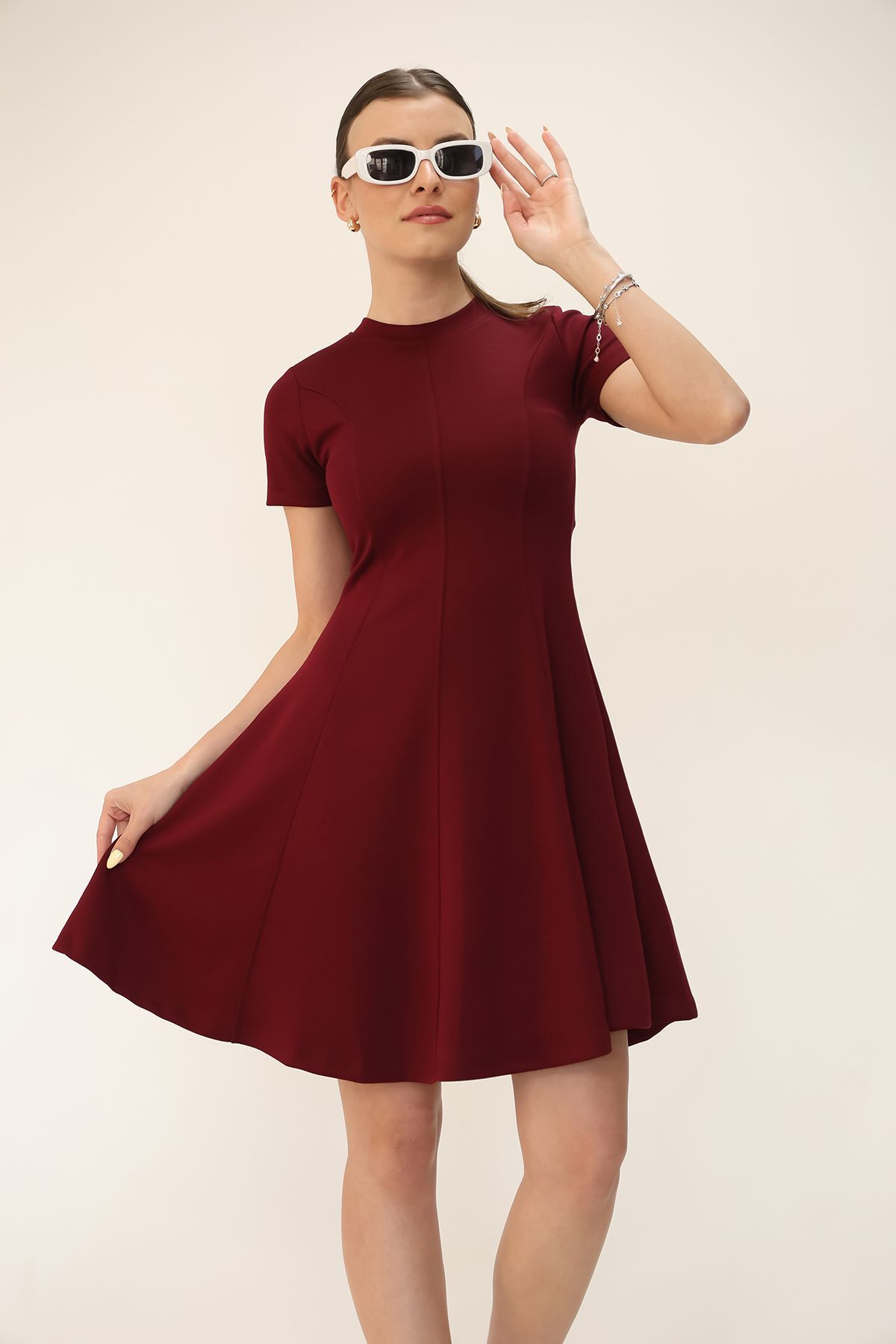 Soft Touch Bordo Renk Kloş Detaylı Modal Rahat Elbise