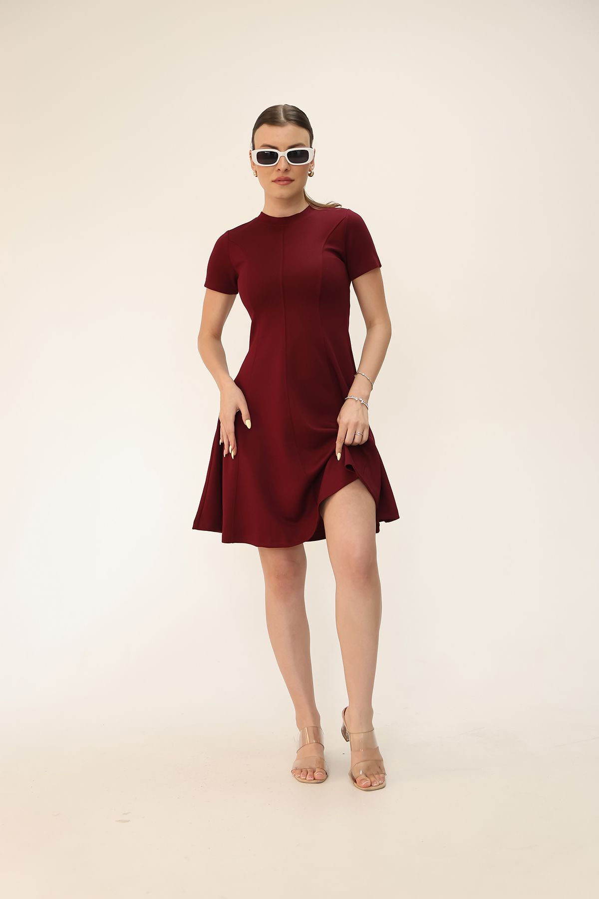 Soft Touch Bordo Renk Kloş Detaylı Modal Rahat Elbise