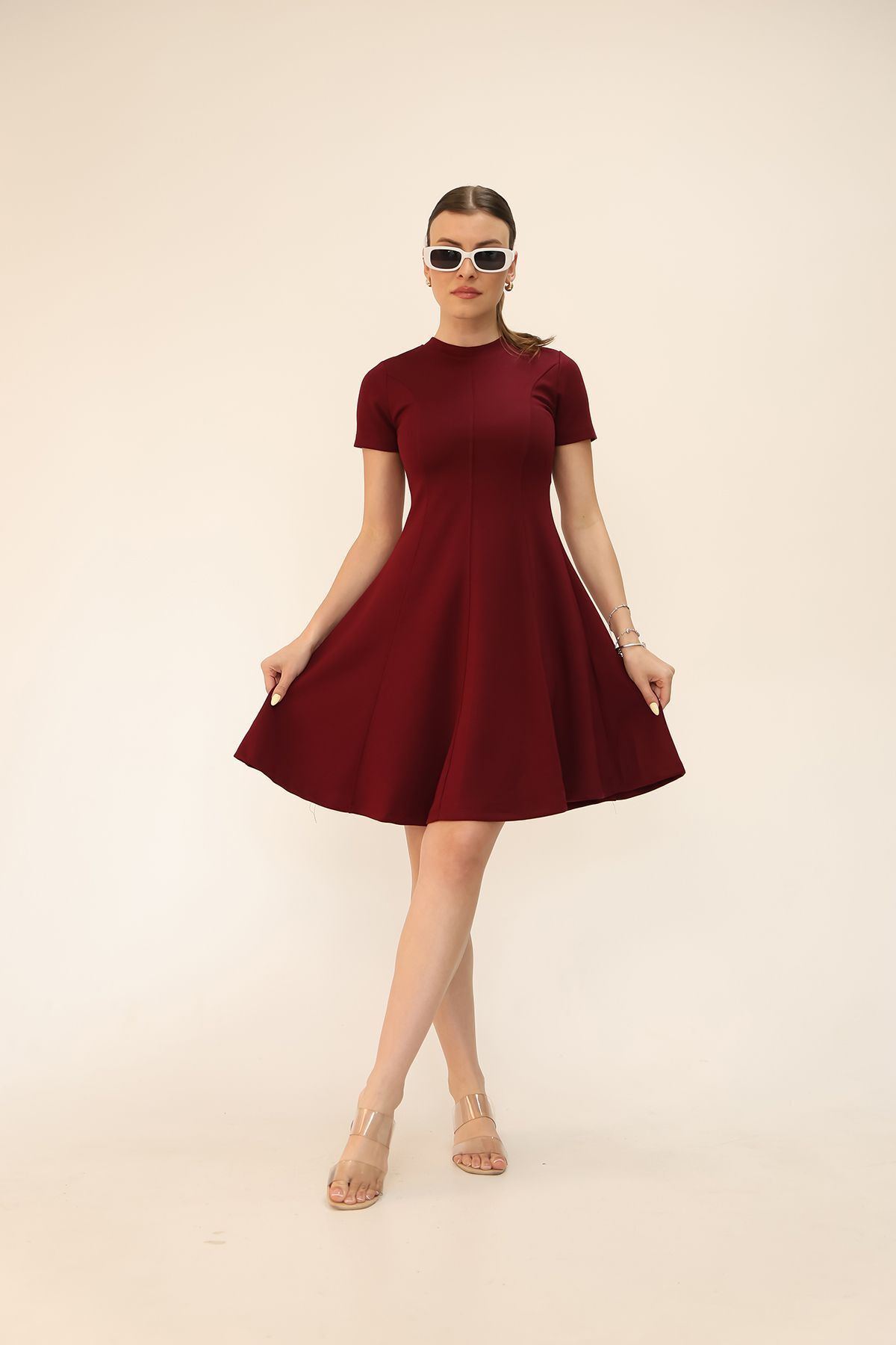 Soft Touch Bordo Renk Kloş Detaylı Modal Rahat Elbise