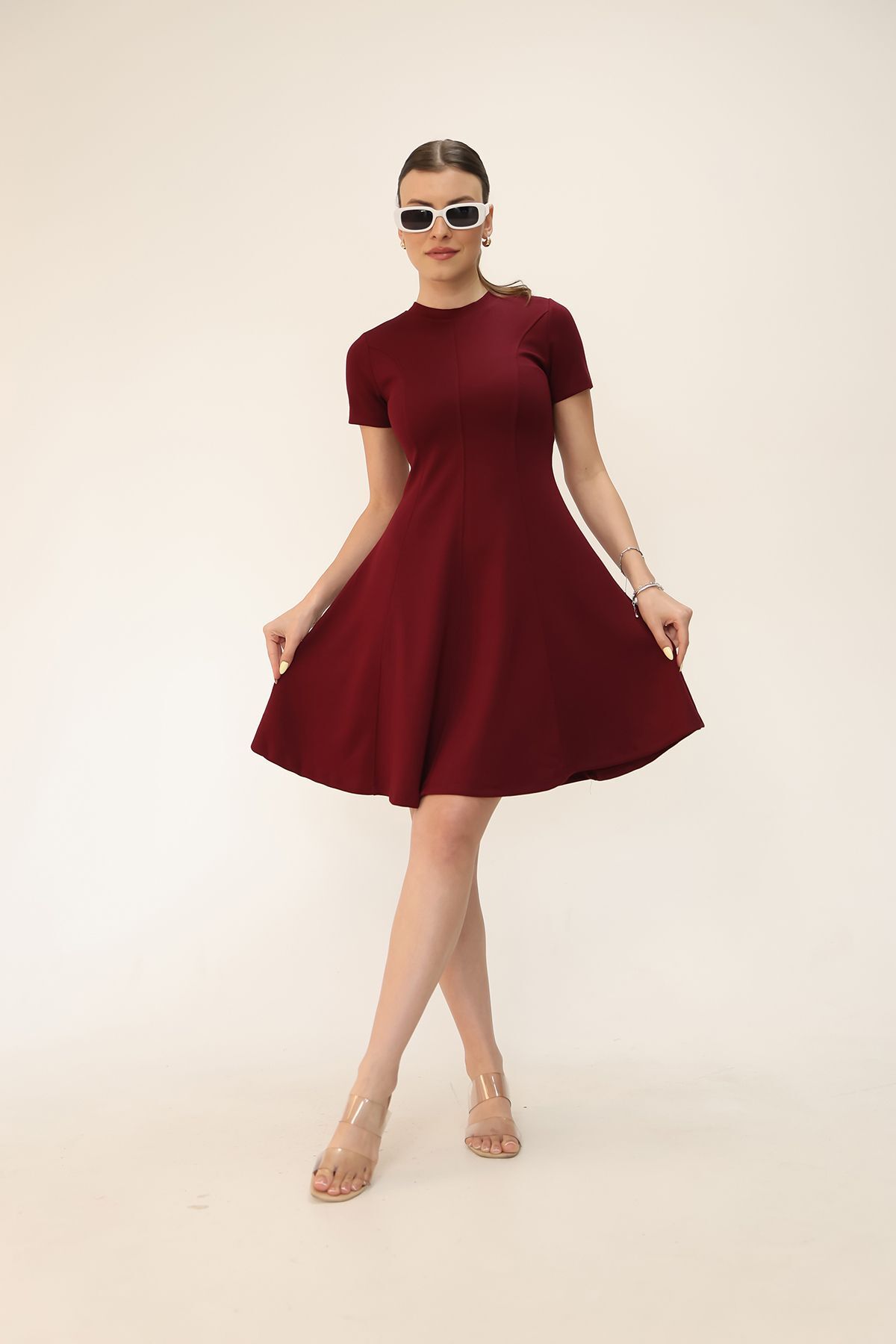 Soft Touch Bordo Renk Kloş Detaylı Modal Rahat Elbise