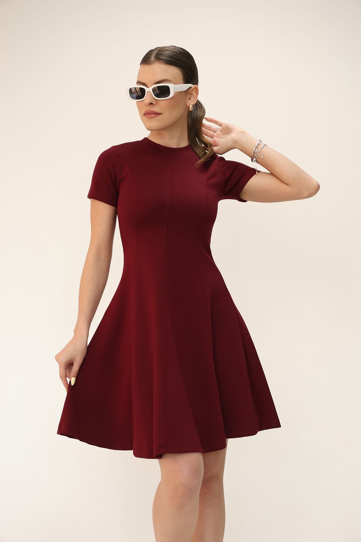 Soft Touch Bordo Renk Kloş Detaylı Modal Rahat Elbise