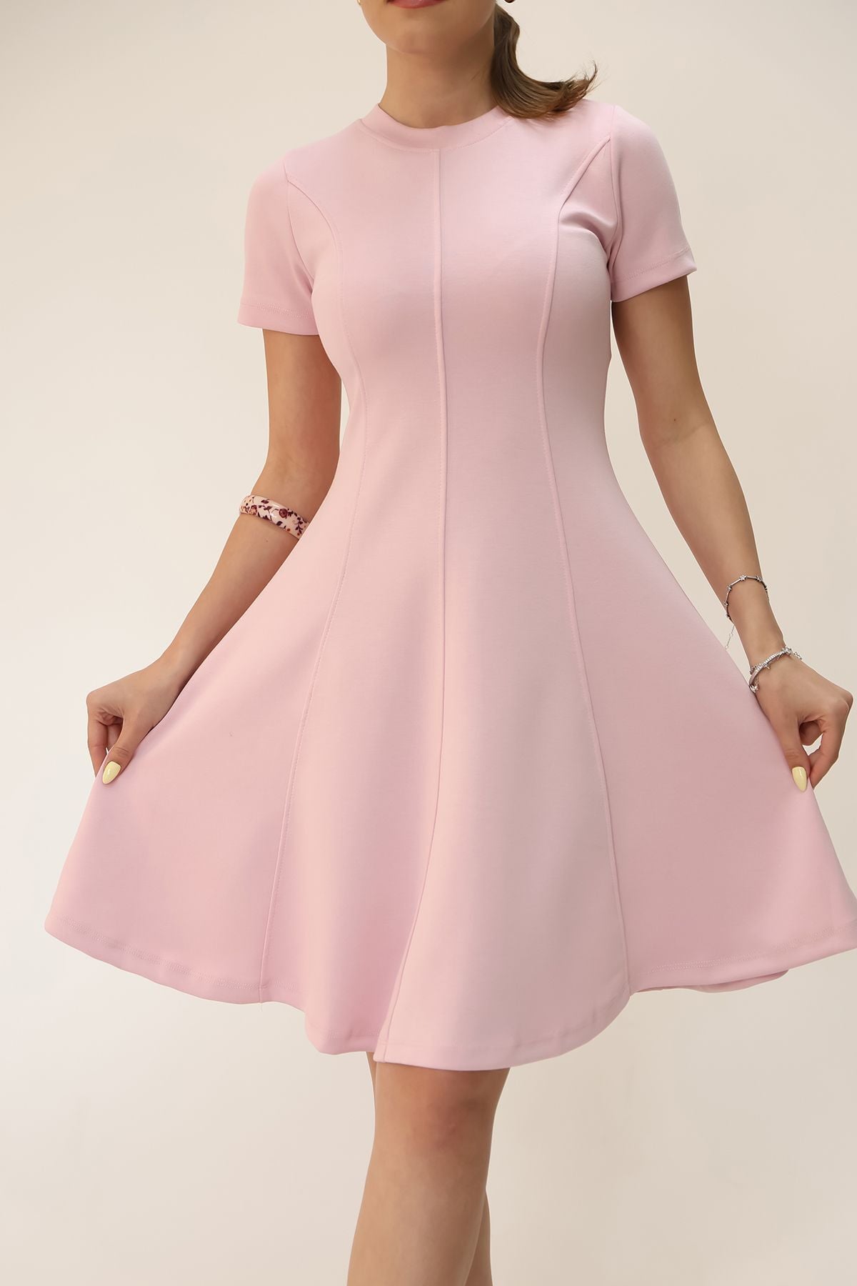 Soft Touch Bordo Renk Kloş Detaylı Modal Rahat Elbise pembe - L