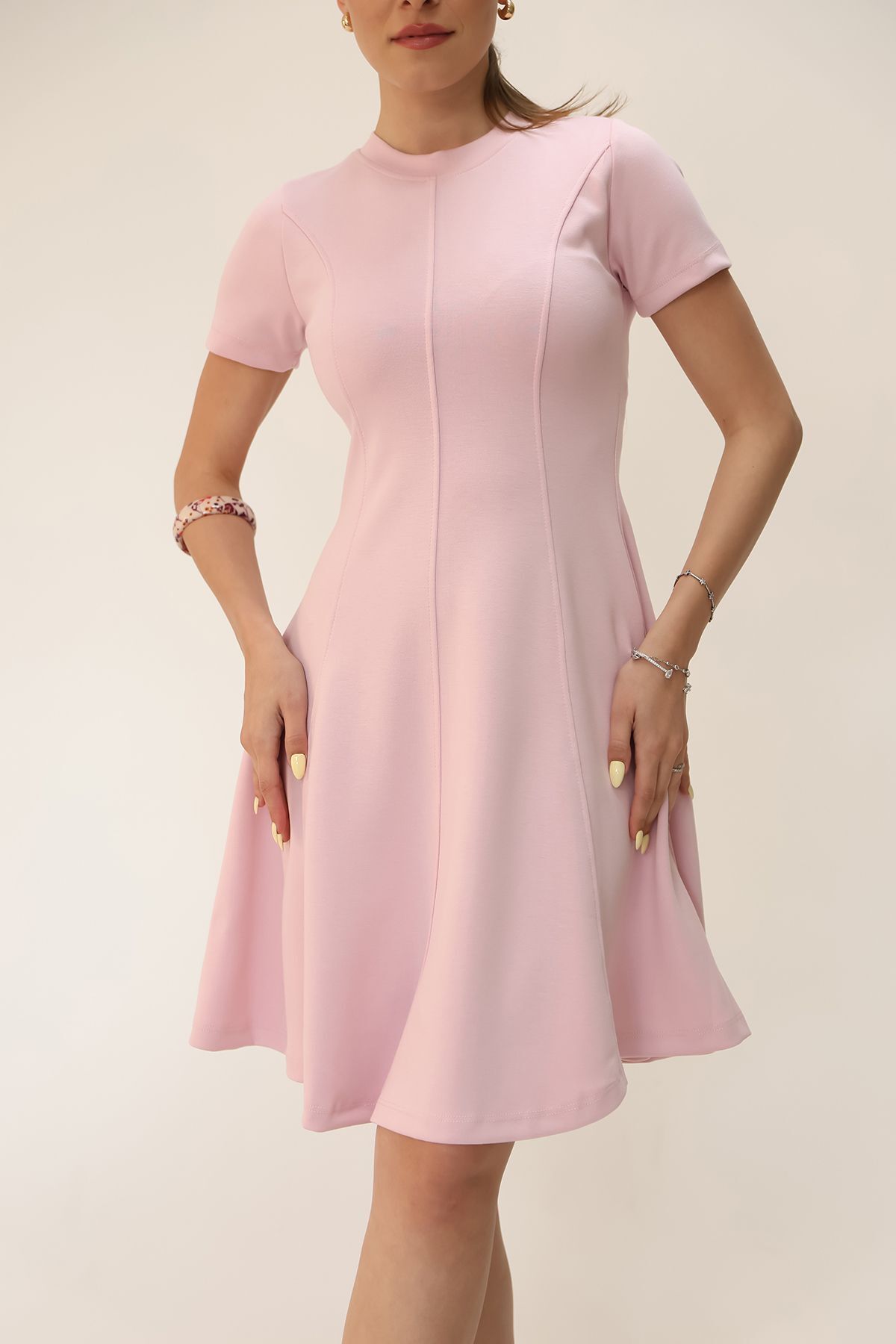 Soft Touch Bordo Renk Kloş Detaylı Modal Rahat Elbise pembe - L