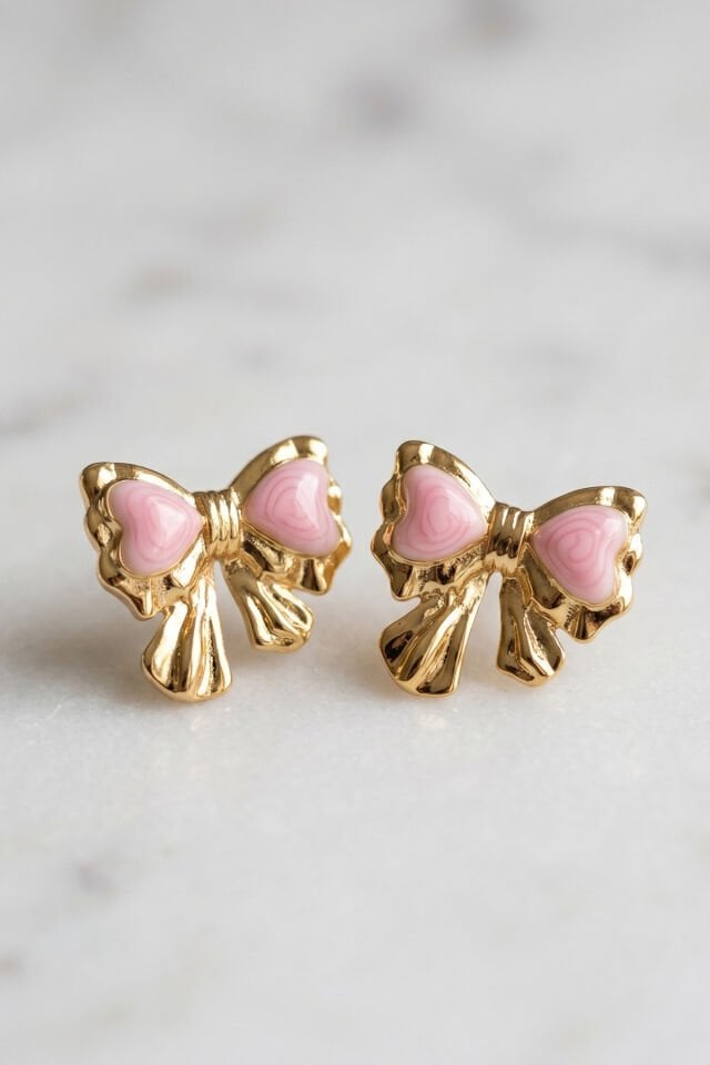 Gold Kalp Pembe Mineli Kurdele Premium Çelik Küpe