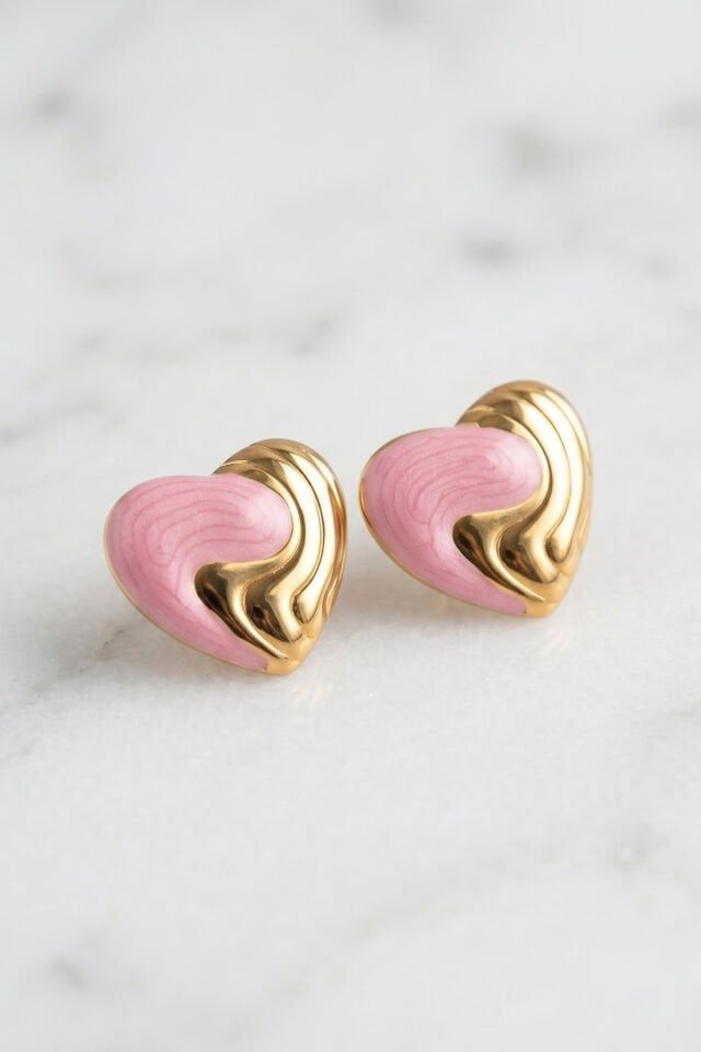 Gold Pembe Mineli Kalp Premium Çelik Küpe