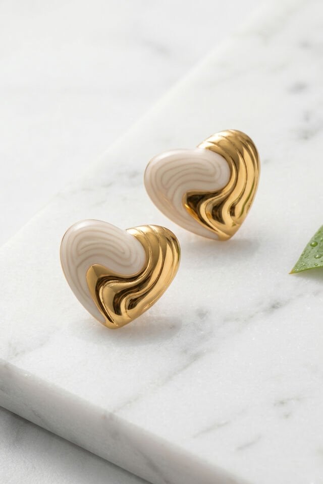 Gold Mineli Kalp Premium Çelik Küpe