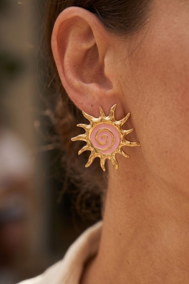 Gold Pembe Mineli Güneş Premium Çelik Küpe