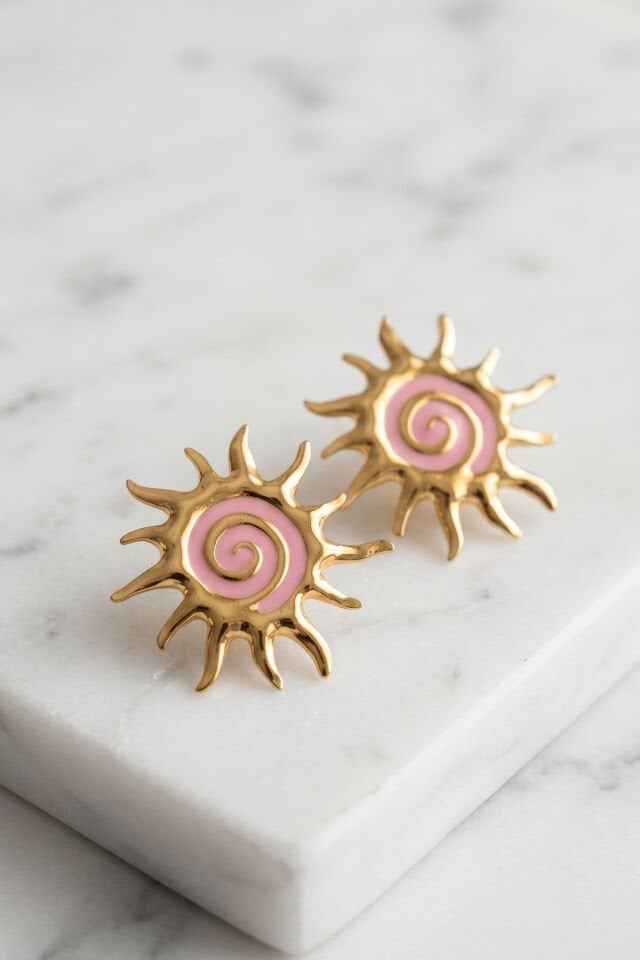 Gold Pembe Mineli Güneş Premium Çelik Küpe