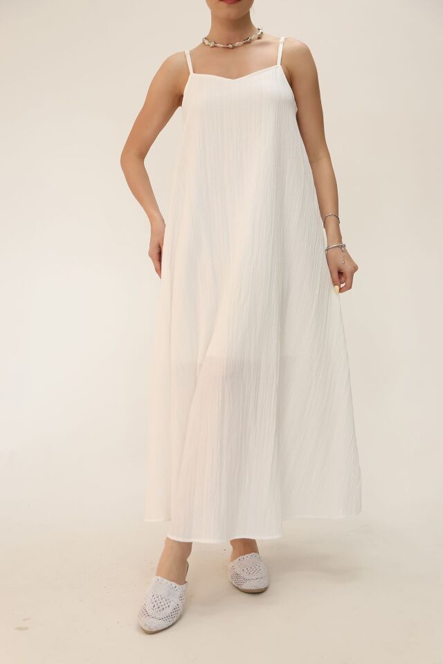 Ekru Askılı Dokulu Kumaş Astarlı Elbise