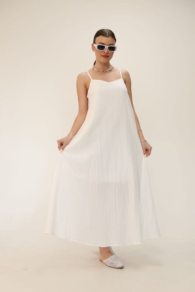 Ekru Askılı Dokulu Kumaş Astarlı Elbise